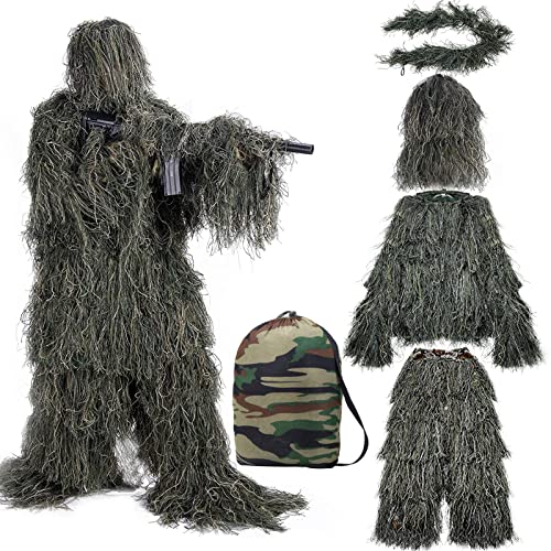 LATOLIN Ghillie Suit 5 in 1, 3D Camouflage Hunting Suit Clothes, Woodland Gilly Suit Hooded Gillies Suits for Men Hunting, Hallowee Costume (Medium or Large)