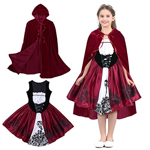 TiaoBu Kids Girls Velvet Hooded Cloak Outfits Halloween Cape Dress Cosplay Costume for Christmas Party Fancy Role Play Dress Red 2-3