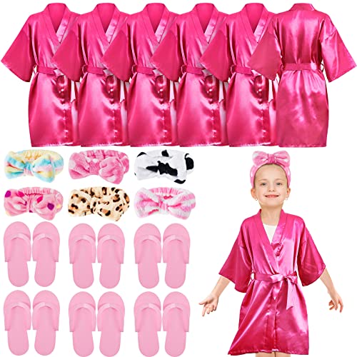 18 Pcs Spa Party Supplies for Girls 6 Satin Kimono Robe 6 Spa Headband 6 Disposable Foam Pedicure Slippers for Flower Girl Kid Salon Pedicure Wedding Birthday Favors Washing Shower (Rose, Size 10)