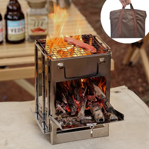 JOY-TECH Wood Burning Camping Stove Folding, Small Portable Stainless Steel Backpacking Stove with Grill for Hiking Picnic Cooking Outdoor
