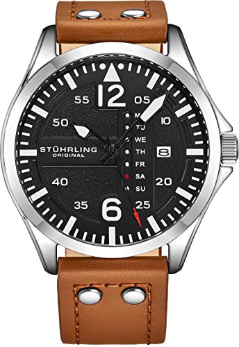 Stuhrling Original Mens Leather Watch -Aviation Watch, Quick-Set Day-Date Leather Band with Steel Rivets,