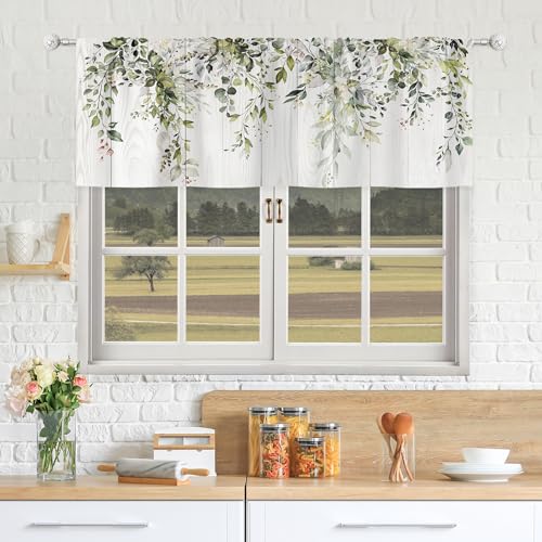 Riyidecor Green Eucalyptus Valances Curtains Watercolor Floral Plants Leaves on The Top Botanical Farmhouse Wood Plank Rod Pocket for Women Bedroom Living Room Treatment Fabric 1 Panel 52Wx18H Inch