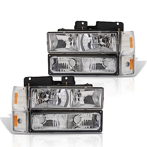 AJP Distributors Chrome Housing Amber Signal Headlights + Corner Bumper Lamps Pair Set Compatible/Replacement For C10 C/K Sierra Suburban Yukon 1994 1995 1996 1997 1998 1999 2000 94 95 96 97 98 99 00
