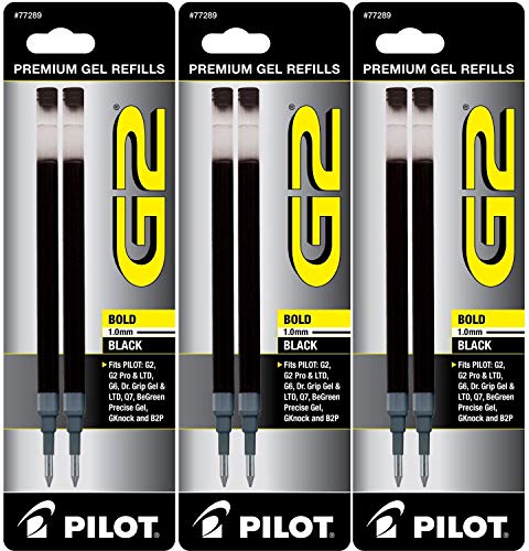 Pilot G2 Gel Ink Refill, 2-Pack for Rolling Ball Pens, Bold Point, Black Ink, Pack of 3 = 6 Refills