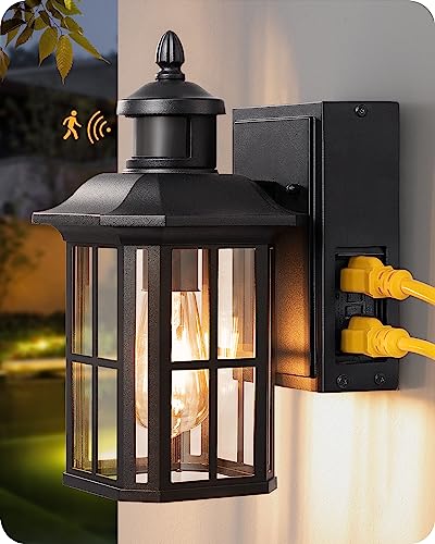 EDISHINE Porch Light with GFCI Outlet, Motion Sensor Outdoor Wall Lights, Dusk to Dawn Exterior Light Fixture Wall Mount Sconce, Waterproof Outside Lamp Lantern for House Patio Garage, Black