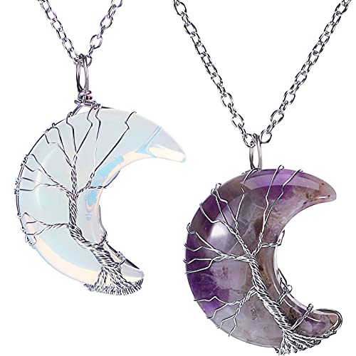 2 Pcs Crystal Necklaces Life Tree Crescent Moon Necklace Quartz Moon Jewelry Gemstone Pendant for Women ()