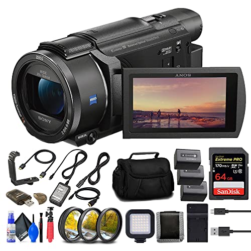 Sony FDR-AX53 4K Ultra HD Handycam Camcorder (FDRAX53/B) + 64GB Card 2 x NP-FV70 Battery Filter Kit Bag Charger Reader LED Light HDMI Cable Flex Tripod Grip More (Renewed), Black