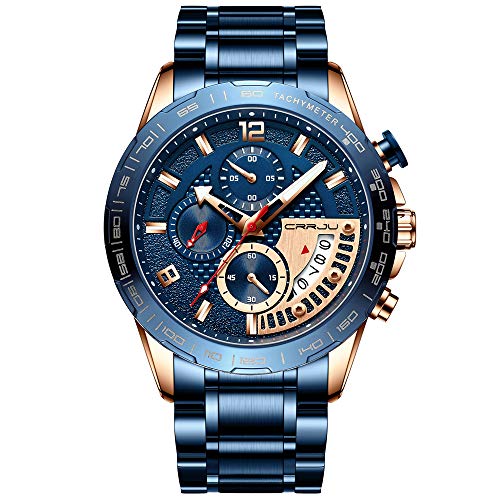 CRRJU Watches for Mens Fashion Business Quartz Analog Auto Date Men's Watch Blue Stainless Steel Band Waterproof Chronograph Wrist Watch for Men