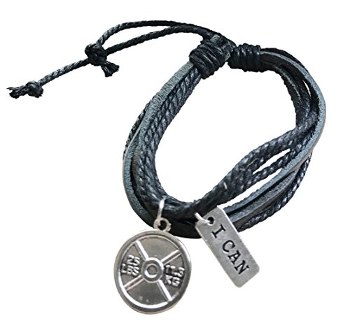 WODFitters Fitness Adjustable Leather Bracelet with I CAN and Barbell Plate Charms