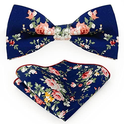 SUNOVELTIES Bow Ties for Men Floral Pre-tied Bowtie and Pocket Square Set Hanky Formal Classic Men's Bowties for Wedding Party, Navy
