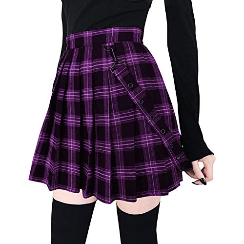 chouyatou Women's Cool Sweet A-Line Decorative Strap Plaid Pleated Mini Skirt (Large, Purple)