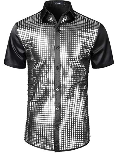 JOGAL Mens 70s Disco Costume Silver Sequins Short Sleeve Button Down Shirts Medium Black