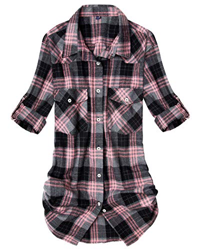 Alimens & Gentle Women's Flannel Shirt Long Sleeve Casual Buffalo Plaid Work Blouses(Pink&Grey, 2XL)