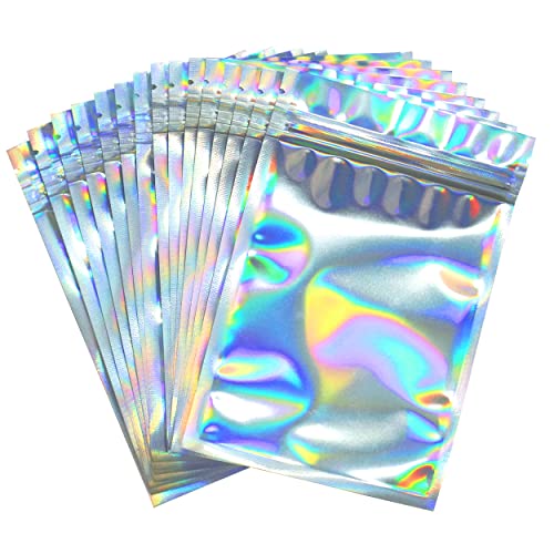 AMBESTAR Holographic Packaging Bags for Food Storage, Large Flat Clear Ziplock Food Storage Bag, Food Saver Food Container Bag Sets for Kids Snack Food Storage (6 x 8 in_100 pack)
