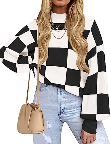 ZESICA Women's 2023 Fall Fashion Turtleneck Long Sleeve Striped Ribbed Knit Loose Pullover Sweater Tops,BlackPlaid,Medium