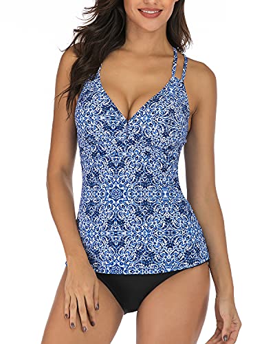 HAIVIDO Women's V Neck Tankini Set Criss Cross Back Tankini Top with Bikini Bottom Two Piece Bathing Suits Print-2 XL