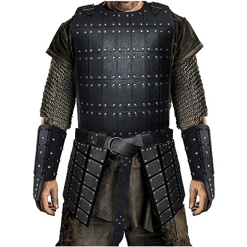 HiiFeuer Medieval Studded Leather Armor with Thigh Armor and Mercenary Arm Guards, Retro Faux Leather Costume for LARP& Ren Faire