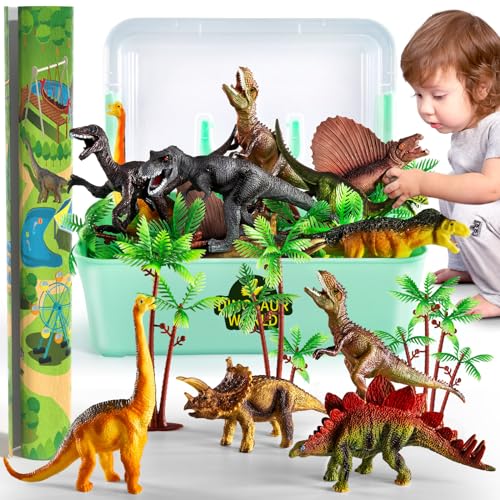 TEMI Dinosaur Toys for Kids 3-5, Realistic Jurassic Dinosaurs Figures with Play Mat & Trees to Create a Dino World Includes T-rex, Triceratops, Velociraptor, Gift for Toddler Boys & Girls 2 3 4 5 6 7
