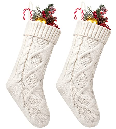 Fesciory Christmas Stockings, 2 Pack 18 Inches Cable Knitted Large Size Stocking Gifts & Decorations for Family Holiday Xmas Party, Ivory