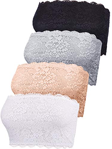 4 Pieces Women Lace Bandeau Bra Tube Top Elastic Strapless No Sponge Pad No Underwire Bra for Daily Favor (Black, White, Nude, Gray, X-Large)