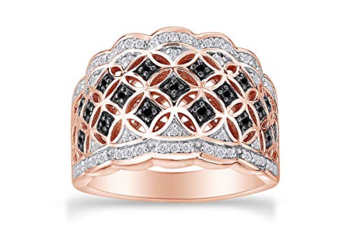 1/3 Carat Filigree Ring In Natural Black & White Diamond 14K Rose Gold Over Sterling Silver (0.33 Cttw, I2-I3 Clarity) Ring Size-7.5