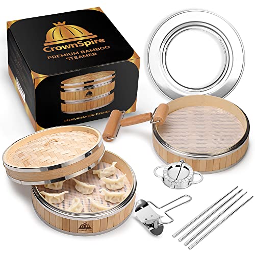 CROWNSPIRE 2 Tier Bamboo Steamer | Bamboo Steamer Basket with Reusable Silicone Liner | Food Dim Sum Kit for Cooking Baby Bao Bun, Rice, Vegetable, Fish and Meat
