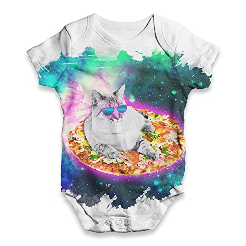 TWISTED ENVY Baby Unisex Surfing Pizza Cat In Space ALL-OVER PRINT Bodysuit Baby Grow Baby Romper 6-12 Months White