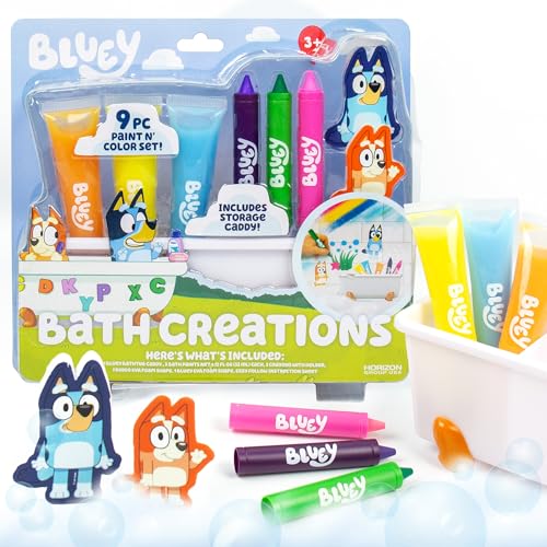 Bluey Bath Creations, 9-Piece Activity Set, Fun Bath Toys, Includes Washable Bath Paints, Bath Crayons, Bath Toy Storage, Bath Paint for Toddlers 1-3, Fun Gifts, Toddler Art Supplies
