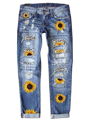 Astylish Women Stylish Destroyed Raw Hem Stretchy Mid Rise Jeans Distressed Boyfriend Ripped Hole Ankle Sunflower Denim Pants Large