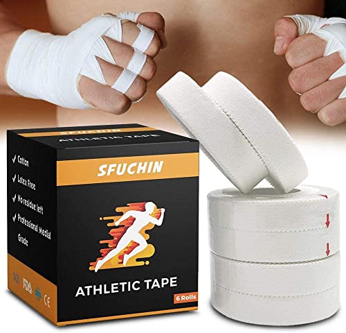 White Athletic Tape (6 Pack 0.5' 10 Yards) - Finger Tape - Medical Tape - Foot Tape - No Sticky Residue & Easy to Tear - for Rock Climbing, Jiu-Jitsu, Grappling, Martial Arts, Hockey Stick, Lifters