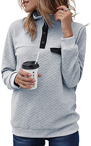 BTFBM Women Fashion Quilted Pattern Lightweight Zipper Long Sleeve Plain Casual Ladies Sweatshirts Pullovers Shirts Tops (Pure Grey, Large)