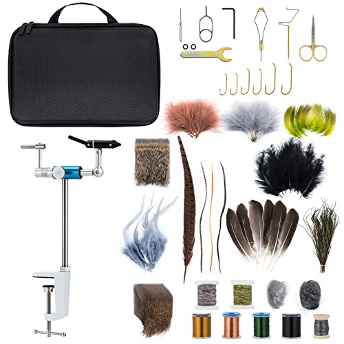 Dr.Fish Complete Fly Tying Kit, Fly Tying Vise, Fly Tying Materials & Tools, Aluminum Rotary Fly Tying Vise Hackle Bobbin Scissors Plies Feather Hareline Fly Hooks Beginner Kit