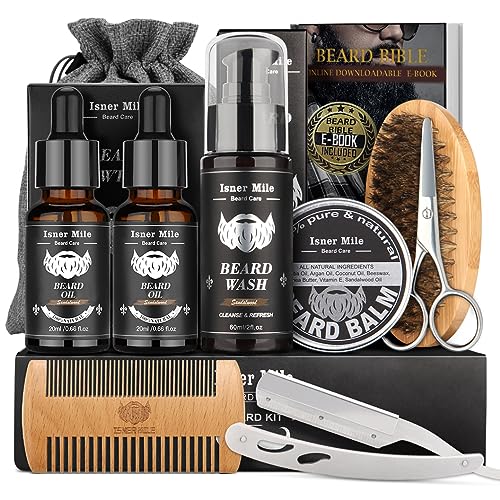 Isner Mile Beard Kit for Men, Grooming & Trimming Complete Beard Set with Shampoo Wash, Beard Care Oil, Balm, Brush, Comb, Scissors & Storage Bag, Gifts for Him Man Dad Father Boyfriend