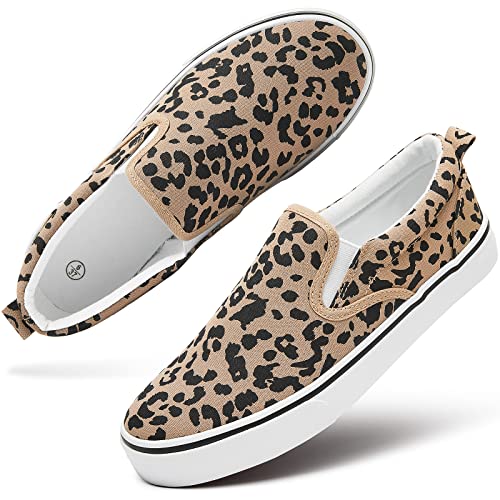 Women's Canvas Slip On Sneakers Fashion Flats Shoes White Canvas Shoes (Leopard, US5)