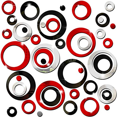 72 Pieces Acrylic Circle Mirror Wall Stickers Removable Round Dots Mirror Wall Decals Wall Decoration Murals for Home Living Room Bedroom Decor (Silver, Red, Black)