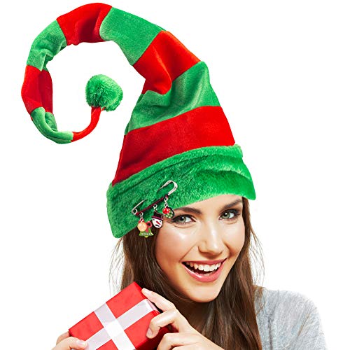 BigOtters Christmas Elf Hat, Long Striped Felt Hat with Cute Brooch Pin for Kids Adults