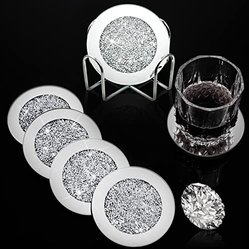 Jetec Housewarming Gifts for New Home Glass Mirrored Coaster Coasters Set of 6 with 1 Holder, Silver Crushed Crystal Coasters Glitter Crushed Diamond Decoration for Home Kitchen Bar Table(Round)