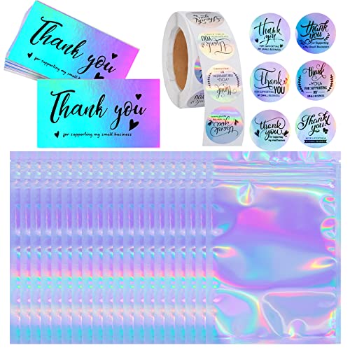 630 Pieces Thank You Cards and Stickers Set with 30pcs Resealable Packaging Bag 500pcs Small Business Roll Stickers 100pcs Thank You Business Card for Business (Holographic)