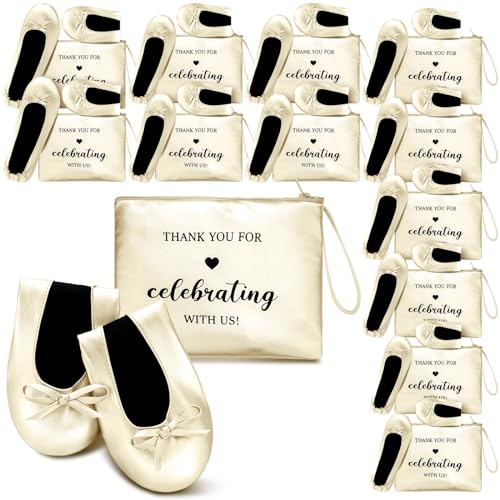 Cuffbow 12 Pairs Wedding Foldable Flat Dancing Shoes Rollable Ballet Flats Bulk Party Ballerina Slippers Bridesmaids Guests (Champagne)