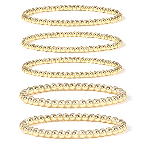 Badu Gold Bead Bracelet for Women 14K Gold Plated Bead Ball Bracelet Stretchable Elastic Hypoallergenic Bohemian Stackable Bracelet