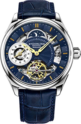 Stuhrling Mens Automatic Dress Watch Stainless Steel with Automatic Skeleton with Duel Time AM/PM Indicator