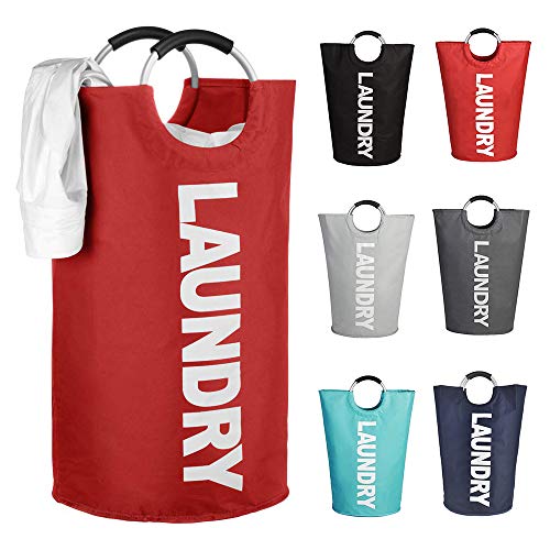 Mziart Thicken Laundry Bag Hamper Tote with Alloy Handles, Heavy Duty and Durable Canvas Clothes Storage Bag Washing Bag, Collapsible and Self Standing as Laundry Basket (Red)