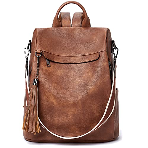 Telena Backpack Purse for Women, PU Leather Anti Theft Travel Backpack Purse Shoulder Bags with Tassel Brown