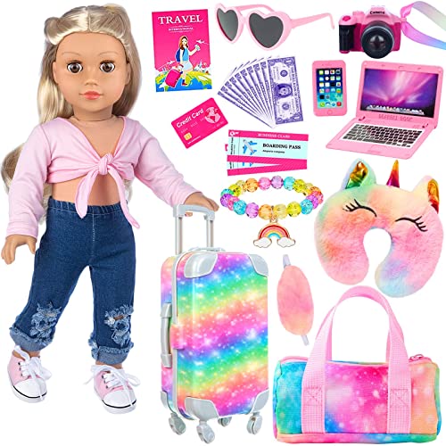K.T. Fancy 23 PCS 18 Inch Girl Doll Accessories Suitcase Luggage Travel Set Including Rainbow Suitcase Rainbow Bag Camera Computer Cell Phone Neck Pillow Eye Mask Glasses Gift for Christmas(NO Doll)