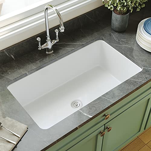 Undermount Kitchen Sink, DeerValley DV-1K513 Glen 32' L x 20' W Single Bowl Kitchen Sink Fireclay Undermount Sink with Sink Grid and Basket Strainer