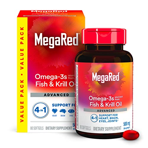MegaRed Omega 3 Fish Oil & Antarctic Krill Oil Softgels for Brain, Heart, Joints & Eye Support, (80 count bottle), Concentrated Omega 3 Fatty Acid Supplement with EPA, DHA, Phospholipids
