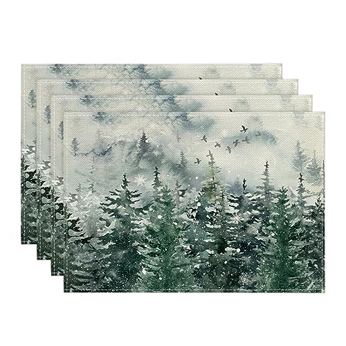 Artoid Mode Green Tree Snow Christmas Placemats Set of 4, 12x18 Inch Seasonal Winter Table Mats for Party Kitchen Dining Decoration