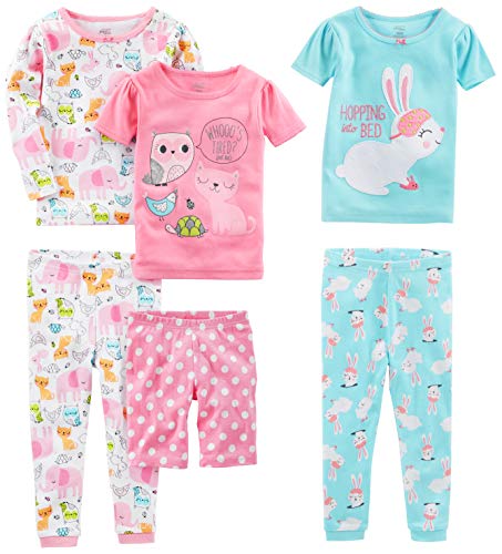 Simple Joys by Carter's Baby Girls' 6-Piece Snug-Fit Cotton Pajama Set, Pack of 3, Blue Bunny/Pink Dots/White Forest Animals, 12 Months