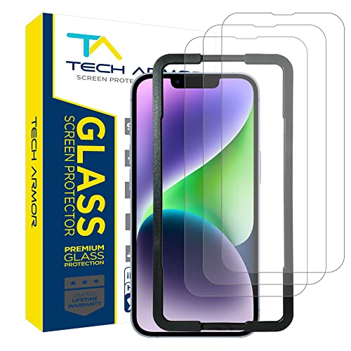 Tech Armor Ballistic Glass Screen Protector for iPhone 14, iPhone 13 and 13 Pro [6.1 Inch] Display 3 Pack Tempered Glass, Case Friendly