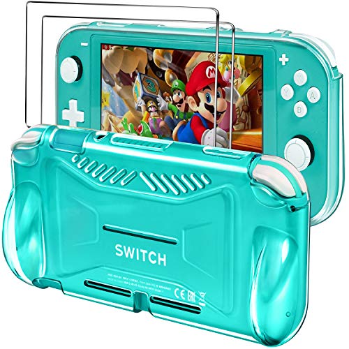 [2+1Pack]iVoler Tempered Glass Screen Protector for Nintendo Switch Lite(2Pack)with Case Carrying Protective TPU Case for Nintendo Switch Lite, Grip Cover with Shock-Absorption Anti-Scratch, HD Clear